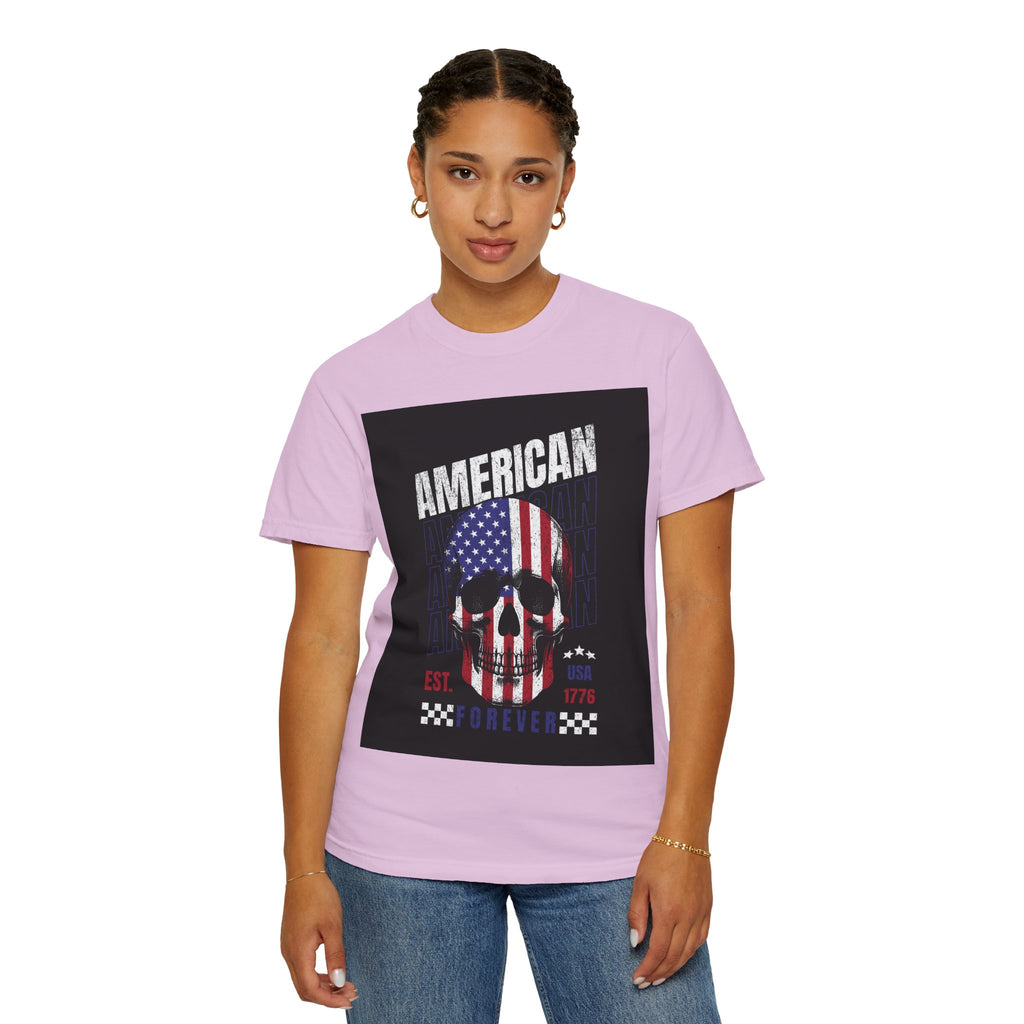 American Skull Flag T-Shirt — "American Forever" Patriotic Graphic Tee
