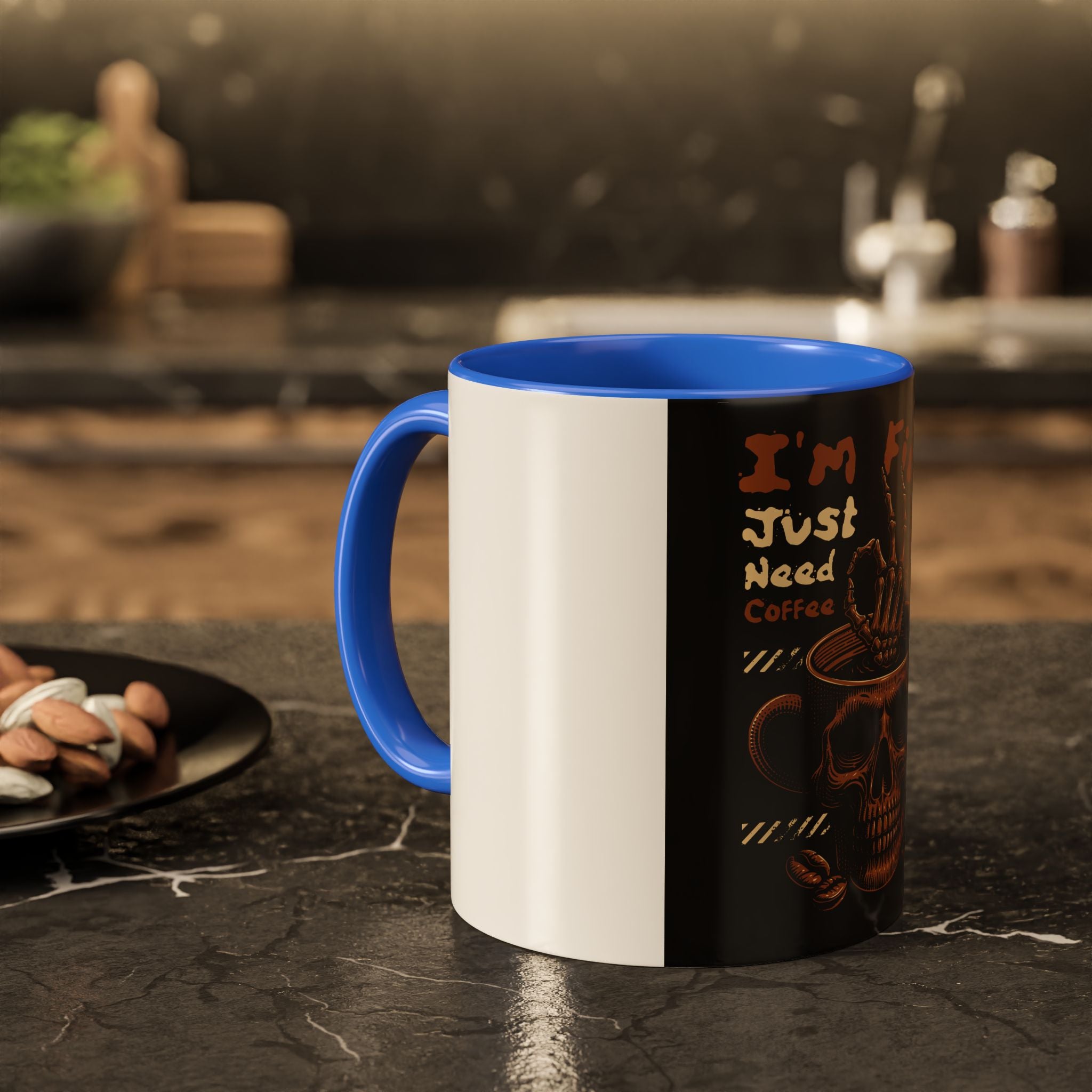 Skull Coffee Mug – "I'm Fine Just Need Coffee" Gothic Ceramic Mug