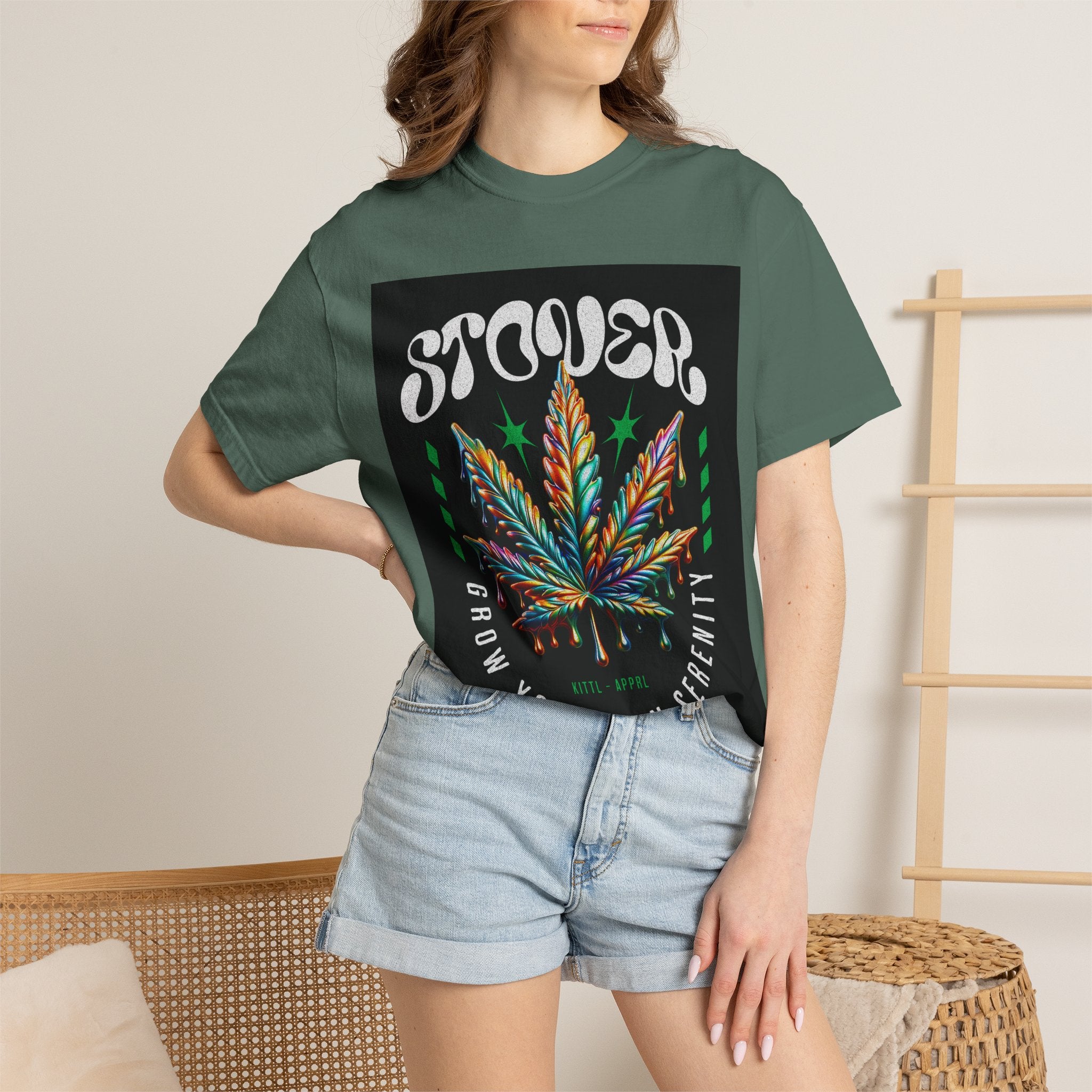 T-Shirt — Stover "Grow Your Own Serenity" Colorful Cannabis Leaf Graphic