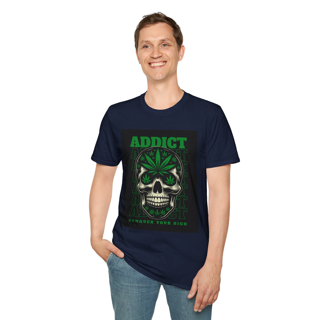 T‑Shirt — "Addict" Skull with Cannabis Leaf Graphic