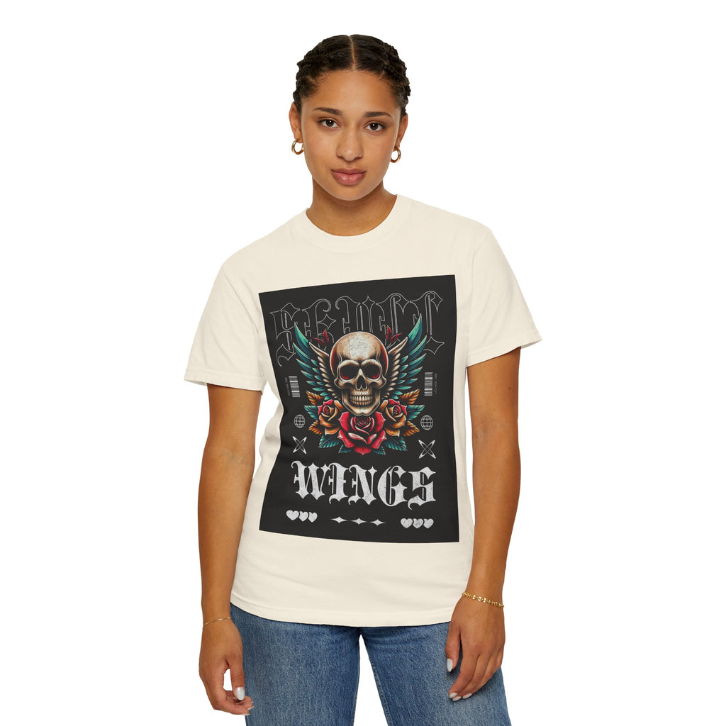 Skull Wings Graphic T-Shirt — Vintage Rock Tattoo Style with Roses