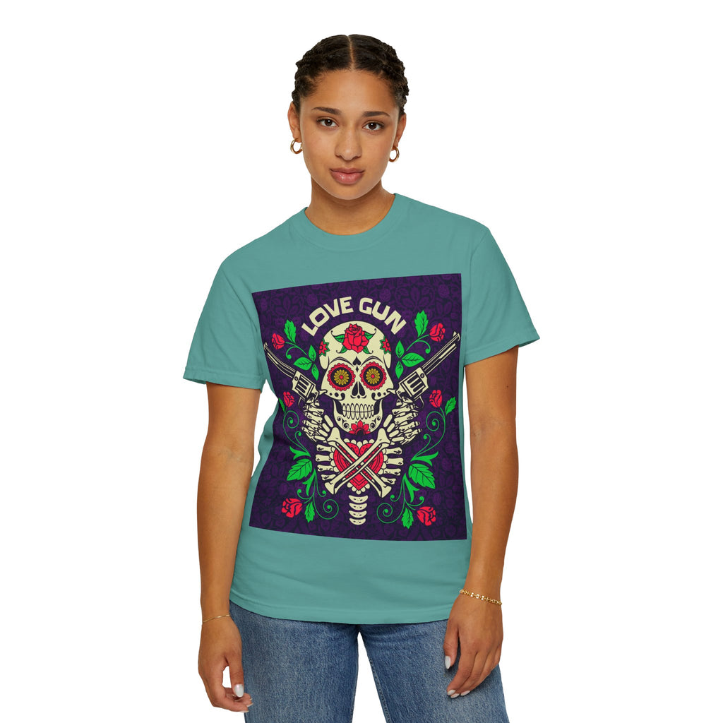 Love Gun Skull T‑Shirt — Day of the Dead Floral Graphic Tee