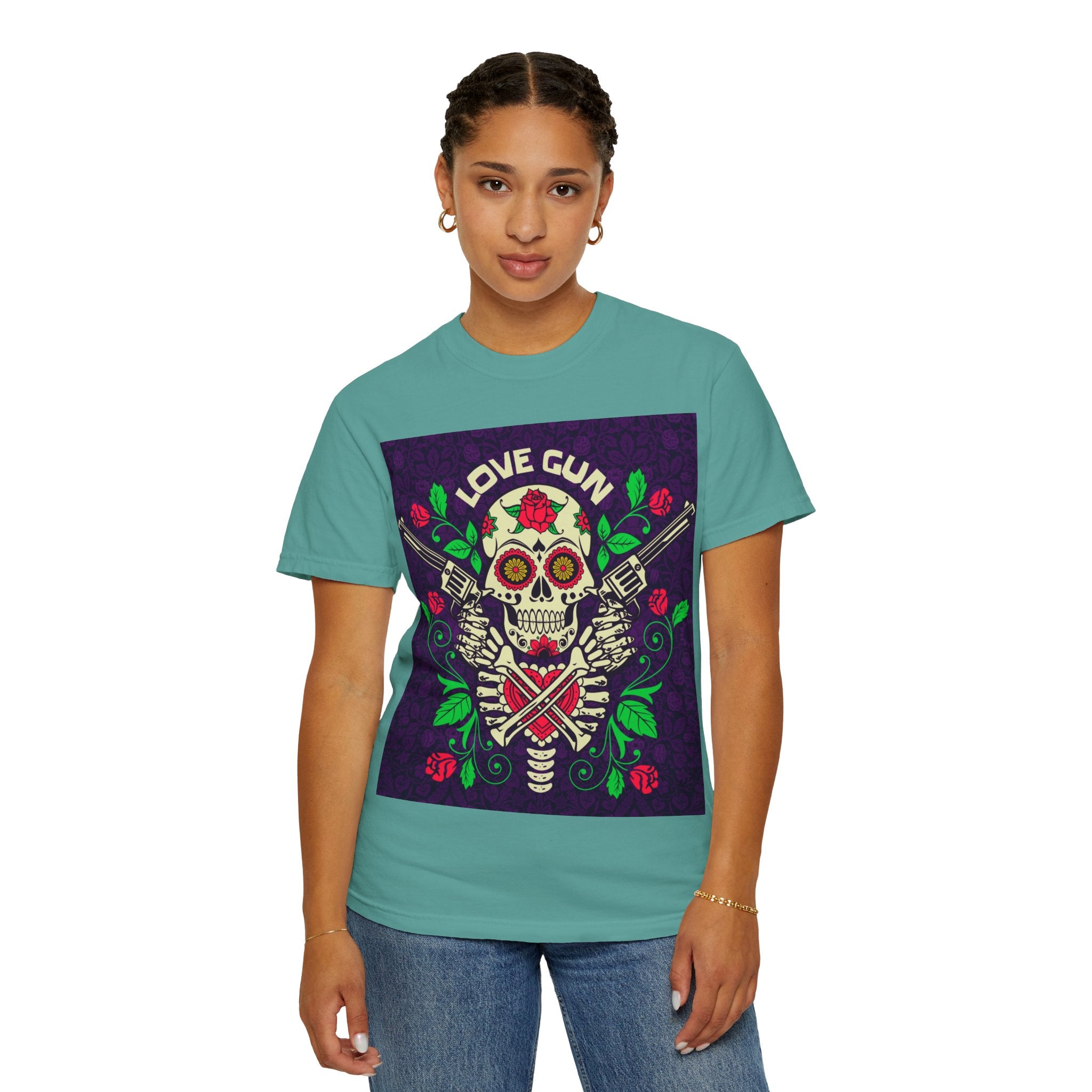 Love Gun Skull T‑Shirt — Day of the Dead Floral Graphic Tee