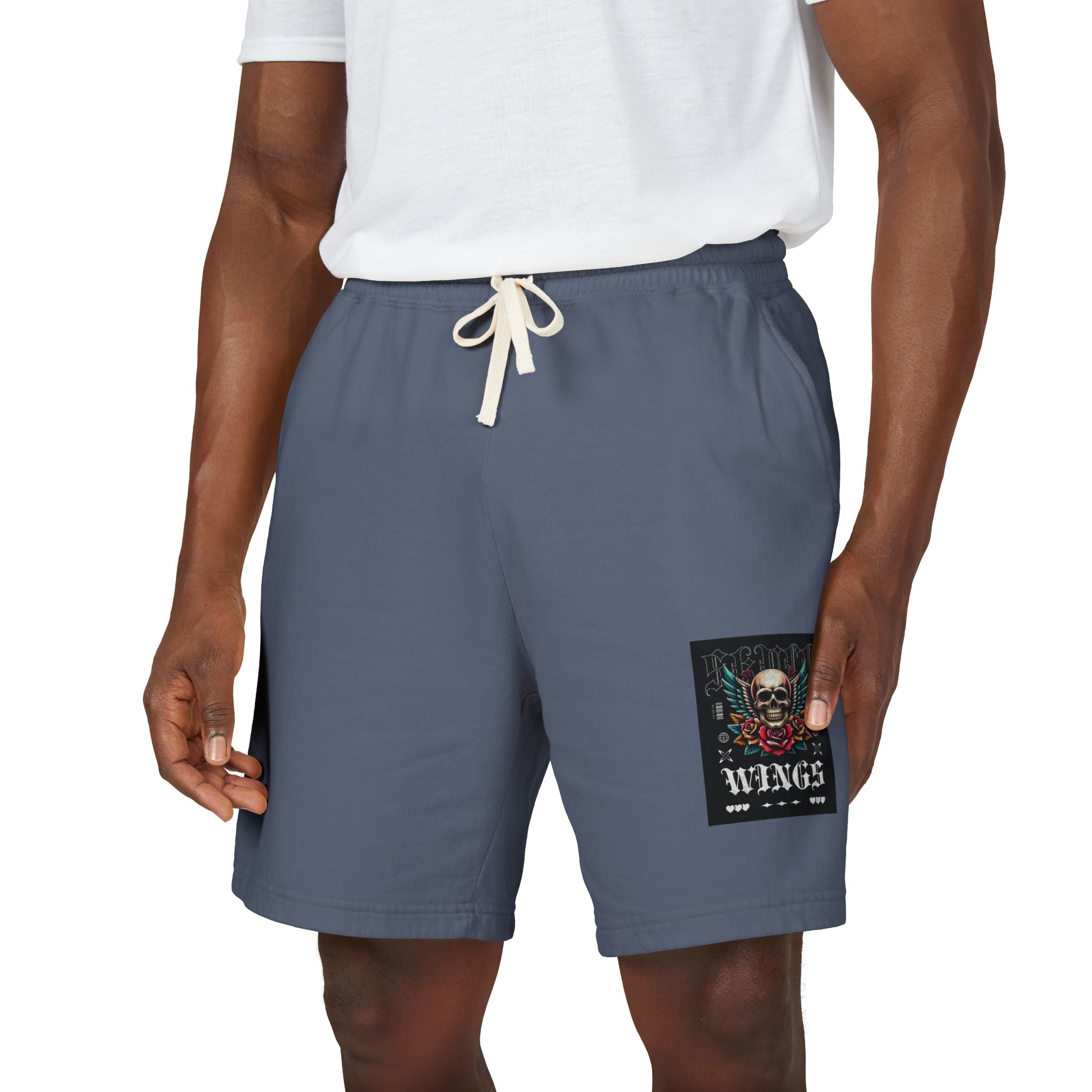 Skull & Wings Fleece Sweat Shorts — Lightweight Garment-Dyed Lounge Shorts