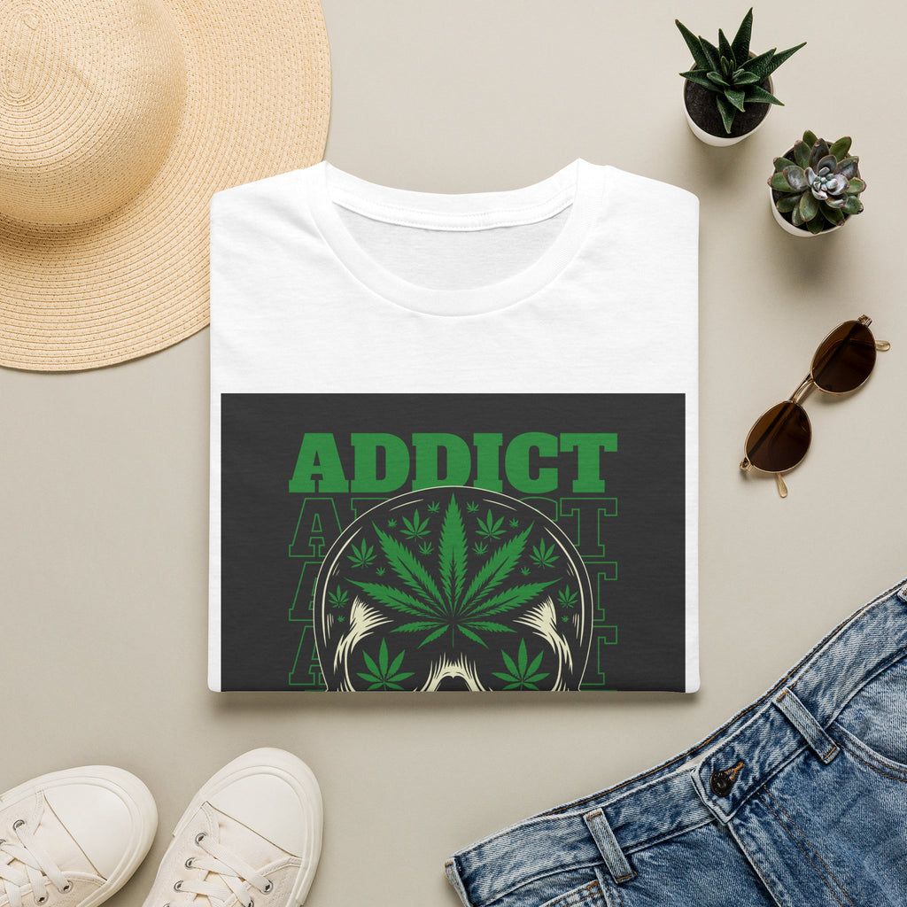 T‑Shirt — "Addict" Skull with Cannabis Leaf Graphic