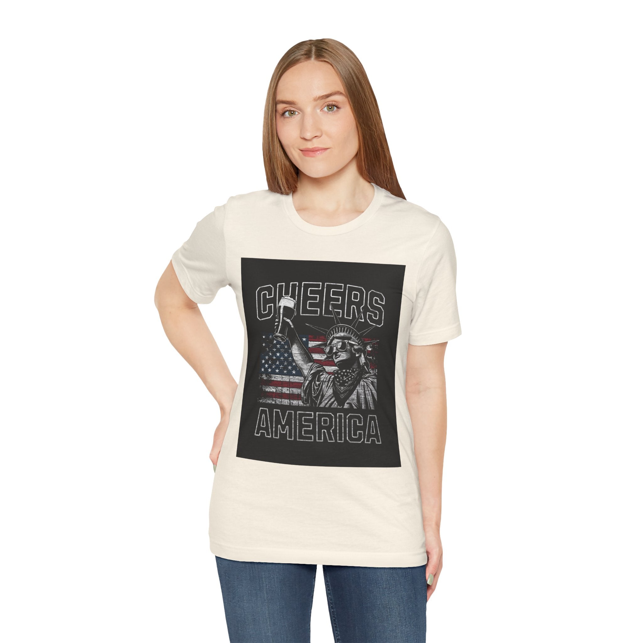Cheers America T-Shirt — Statue of Liberty Holding Beer & Flag Patriotic Tee