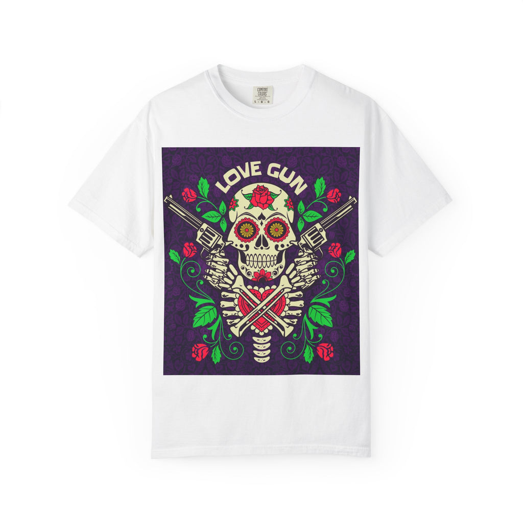 Love Gun Skull T‑Shirt — Day of the Dead Floral Graphic Tee