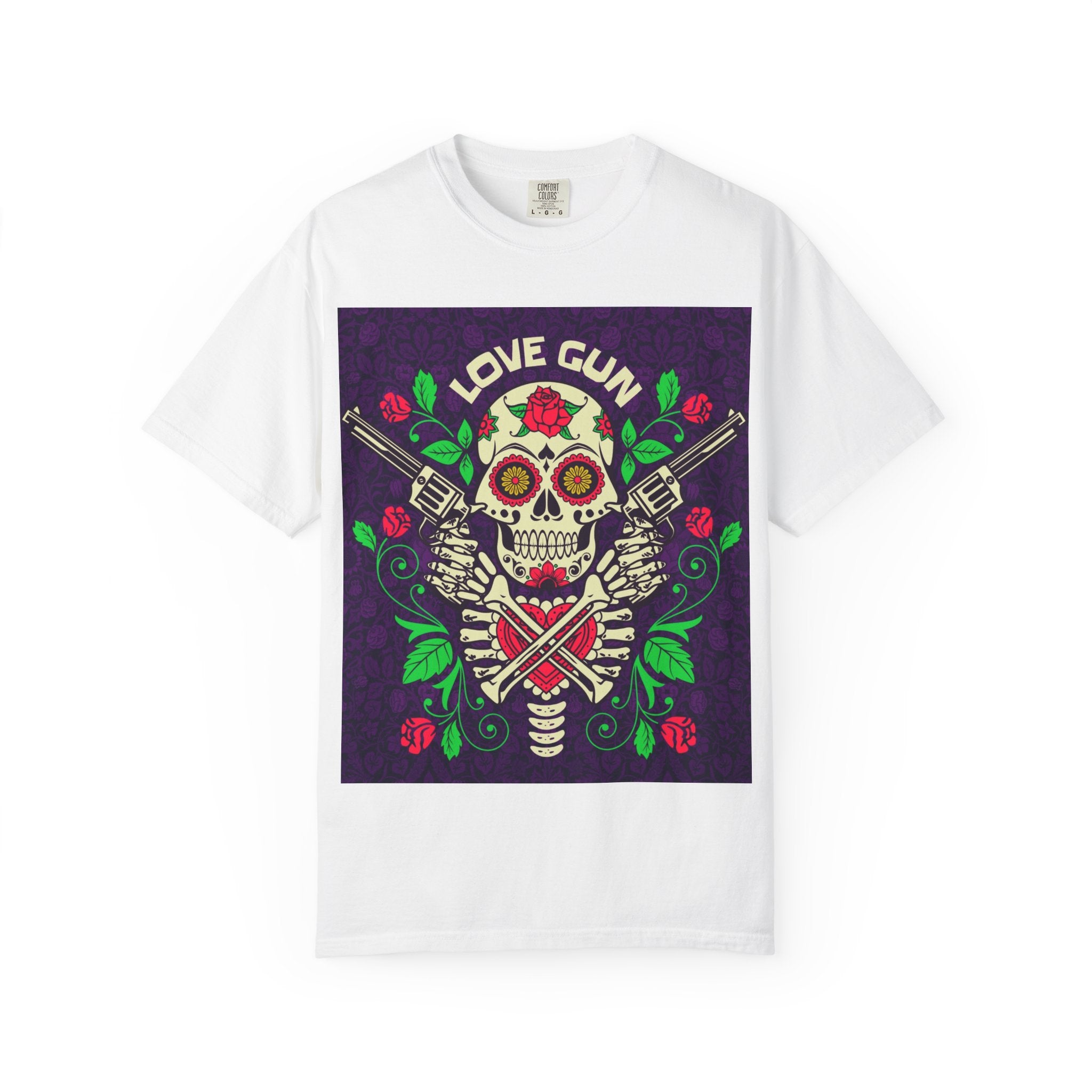 Love Gun Skull T‑Shirt — Day of the Dead Floral Graphic Tee
