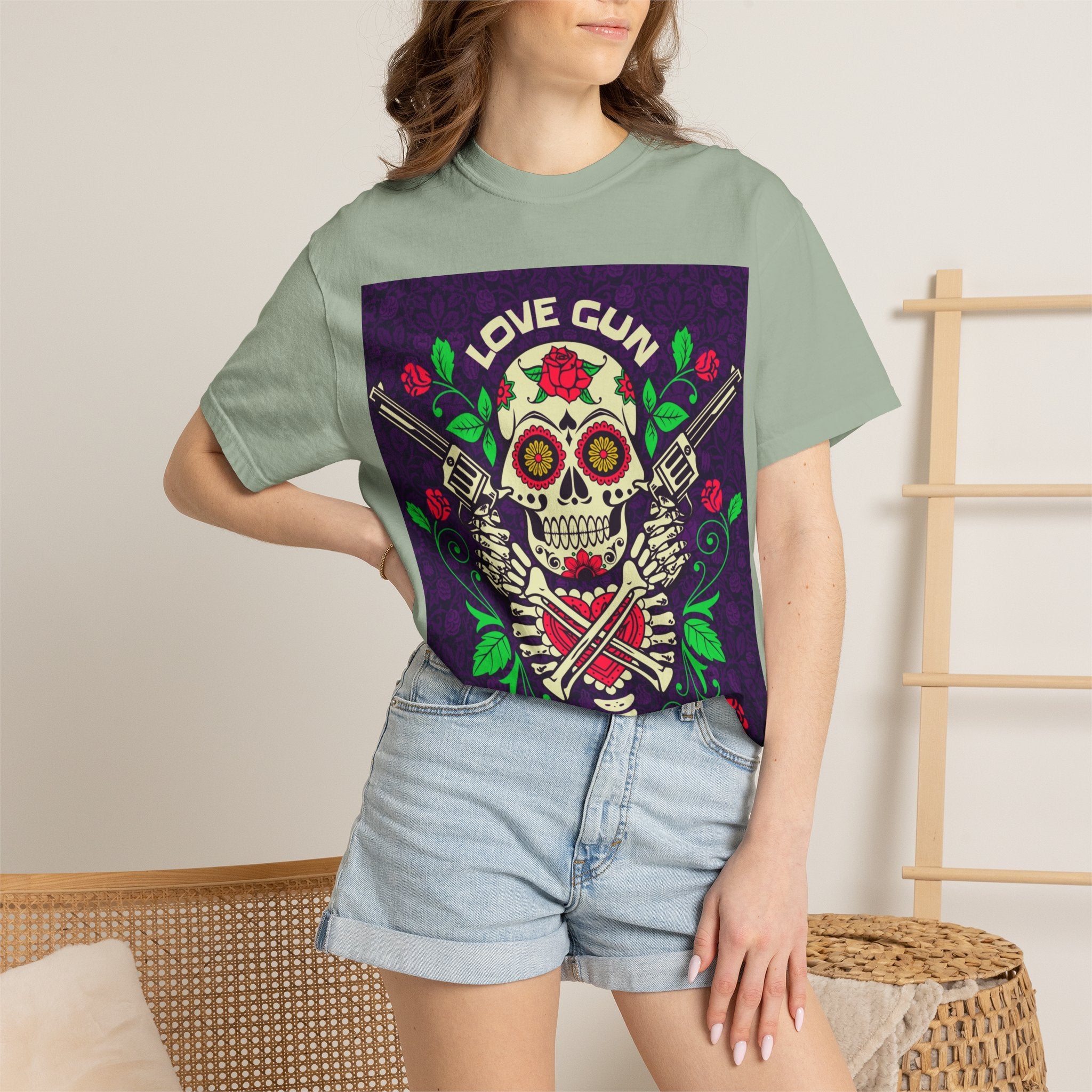 Love Gun Skull T‑Shirt — Day of the Dead Floral Graphic Tee